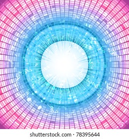 illustration of musical notes flowing on disco background