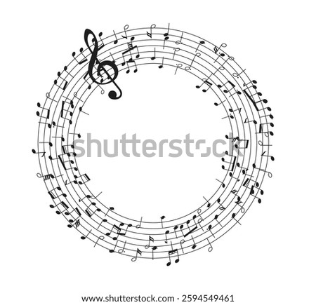 Illustration of musical notes forming a circular pattern with a prominent treble clef symbol. Ideal for musicthemed projects, offering a sense of harmony and rhythm.