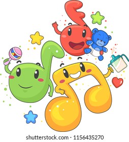 Illustration of Musical Notes Mascots Holding a Drinking Cup, Rattle and Teddy Bear Toy