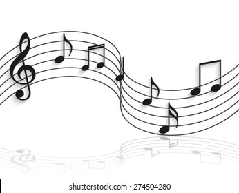 Illustration of musical notes on a curved staff isolated on a white background.