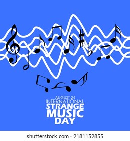 Illustration of musical sheet notes with crooked lines and bold text on blue background, International Strange Music Day August 2