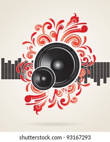 illustration for a musical theme with speakers and swirls