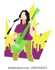 illustration of musician performing on stage with guitar and microphone. crowd background. the concept of concerts, bands, singing, celebrities. flat vector