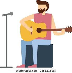 Ilustração de um músico tocando um violão enquanto está sentado no palco. O artista está posicionado ao lado de um microfone, sugerindo uma performance ao vivo ou sessão de gravação