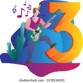 Illustration of a musician playing guitar and in front of him is a number three. This illustration can be used by freelancers or musicians.
vector illustration in gradient flat style.