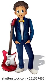 Illustration of a musician with a red guitar on a white background