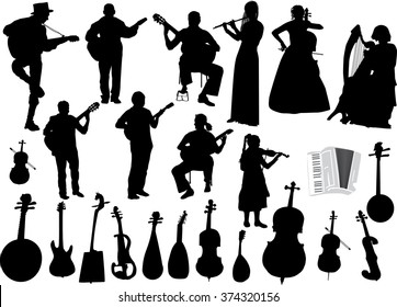 illustration with musicians and musical instruments isolated on white background