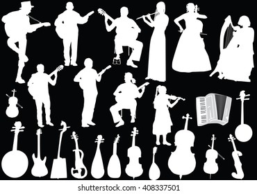 illustration with musicians and musical instruments isolated on black background