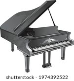 Illustration of a musician's piano on a white background with artistic designs. Black and white grayscale piano vector illustration. 