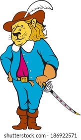 Illustration of a musketeer lion big cat standing viewed from front with sword on isolated background done cartoon style.