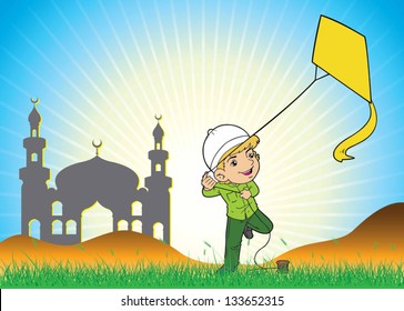 Illustration of a muslim boy playing a kite