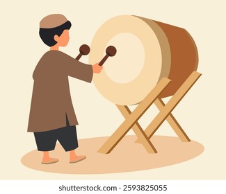 Illustration of a Muslim boy playing a traditional Bedug drum, commonly used during Ramadan and Islamic celebrations. Perfect for Eid, mosque, culture, and tradition themes