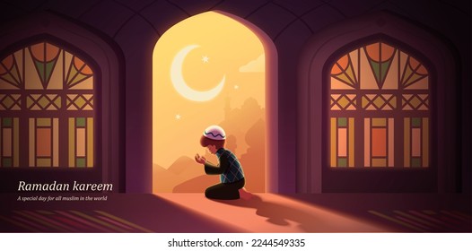 Illustration of Muslim boy praying salat facing toward sunset through mosque door with stained windows on both side.