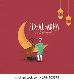 Illustration Of Muslim Boy Standing With A Brown Goat, Crescent Moon And Lanterns Hang On Red Islamic Pattern Background For Eid-Al-Adha Mubarak Concept.