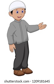 Illustration of a Muslim boy waving his left hand on a white background