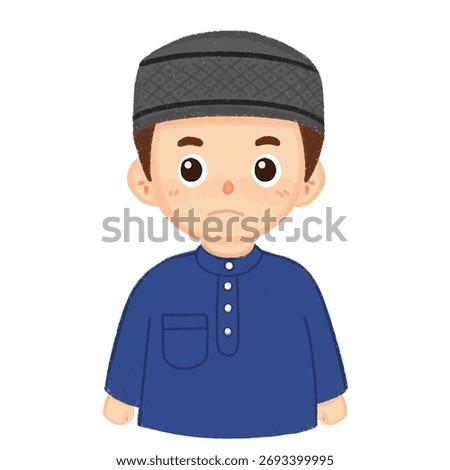  Illustration of a Muslim boy wearing a cap with a serious expression, a cultural portrait