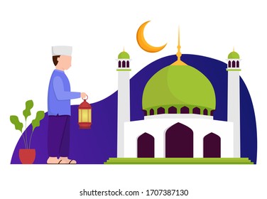 illustration of a Muslim bring lamp and walking to the mosque. Ramadan kareem illustration with muslim people. vector illustration