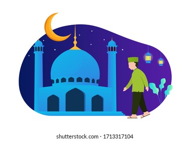 illustration of a Muslim bring lamp and walking to the mosque. Ramadan Kareem illustration with Muslim people. vector illustration