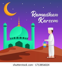 illustration of a Muslim bring lamp and walking to the mosque. Ramadan kareem illustration with muslim people. vector illustration