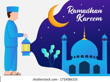 illustration of a Muslim bring lamp and walking to the mosque. Ramadan kareem illustration with muslim people. vector illustration