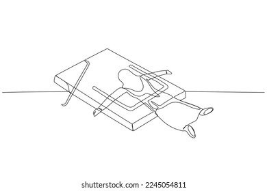 Illustration of muslim business woman got caught shut in mousetrap metaphor of business trap. Continuous line art style