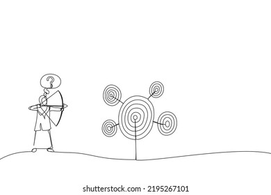 Illustration of muslim businesswoman with bow and arrow look at multiple targets and can not decide which target to shoot at. Metaphor for multitasking and priority. One line art style
