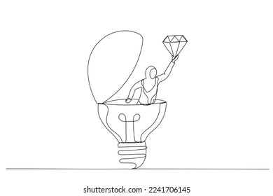 Illustration of muslim businesswoman discover valuable priceless diamond from bright lightbulb idea. Business value. One line art style