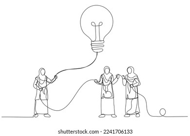 Illustration of muslim businesswoman holding lightbulb as kite. Imagination and creativity. One line art style
