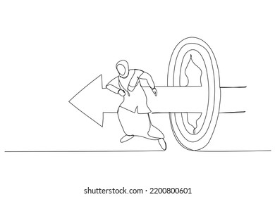 Illustration Of Muslim Businesswoman Like Superhero Running And Breaking Target Archery. Metaphor Of Success Goal And Success. Single Line Art Style
