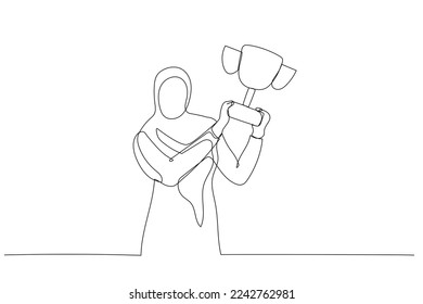 Illustration of muslim businesswoman raising trophy metaphor of success. Single continuous line art style