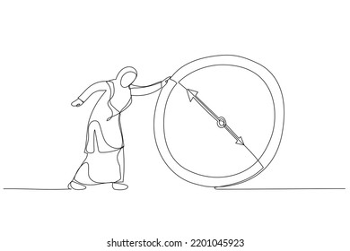 Illustration of muslim businesswoman Running Behind Running Clock. One continuous line art style

