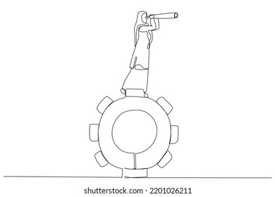 Illustration of muslim businesswoman standing on gears looks through a telescope.. One line art style
