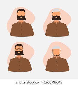 Illustration muslim character man with bread in face. Avatar of people wearing cap and eyeglasses. 