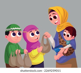 illustration of Muslim children giving zakat to an old beggar woman. sharing with others in the month of Ramadan