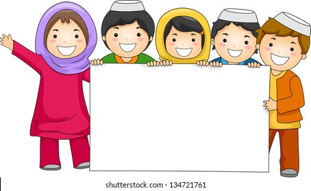 Illustration Of Muslim Children Holding Blank Board