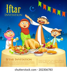 illustration of muslim family celebrating Eid in Iftar party