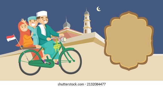 Illustration Of A Muslim Family Celebrating Eid Al-Fitr On A Ketupat Bicycle And Dressed In Traditional Indonesian Sarongs And Hijab. Party After Ramadan