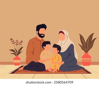 Illustration of a Muslim family gathering during the holy month of Ramadan, symbolizing love, togetherness, and devotion. Perfect for themes related to fasting, prayers, and festive moments