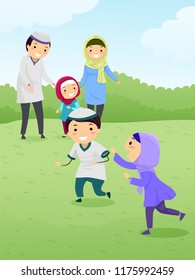 Illustration of a Muslim Family Playing Outdoors with Kids Running Around