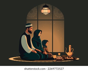 Illustration der muslimischen Familie Gebet vor der Mahlzeit auf Mat vor Mandala islamischen Fenster um Nacht.