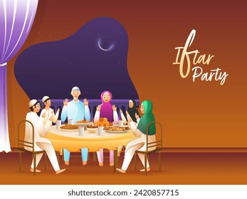 Illustration of Muslim Family Praying Before Breaking the Fast, Delicious Meals on Dining Table at Home for Iftar Party Concept. Can Be Used as Invitation Card or Poster Design.