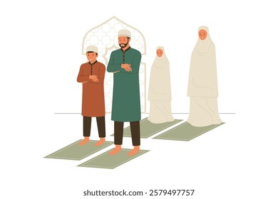 Illustration of muslim family praying in congregation. Illustrations for websites, landing pages, mobile apps, posters and banners. Trendy flat vector illustrations