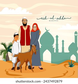 Illustration Of Muslim Family Standing Together with Goat on Desert in front Mosque For Eid-Al-Adha Mubarak Concept.