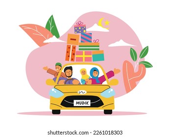 Illustration of muslim family travelling by car with suitcase on a roof. Travel back to hometown. Indonesian mudik tradition