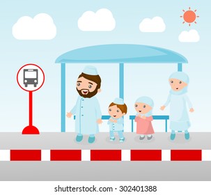 Illustration of a Muslim Family Waiting at a Bus Stop, Illustration of the Family at the bus stop, A vector illustration of Family  waiting at a bus stop,  Muslim people. Vector Illustration