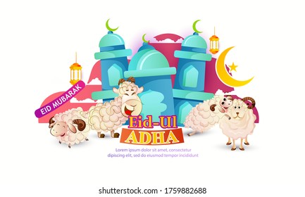 illustration of Muslim festival Eid al-Adha, white and black sheep. graphic design decoration kurban bayrami. month lamb and a lamp