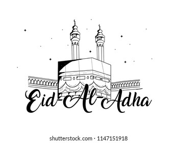 illustration of Muslim Festival greetings of Eid-Al-Adha with hand drawn sketch of Mecca building.