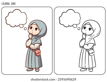 Illustration of a muslim girl in hijab outfit thinking, with a blank speech bubble. Includes colored and line drawing versions, perfect for children's coloring books and educational purposes