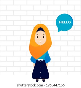 illustration of muslim girl say halo