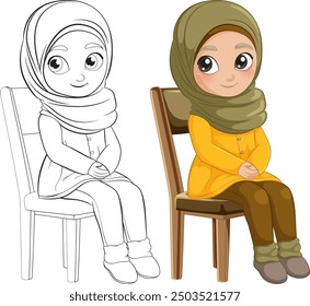 Illustration of a Muslim girl sitting on chair